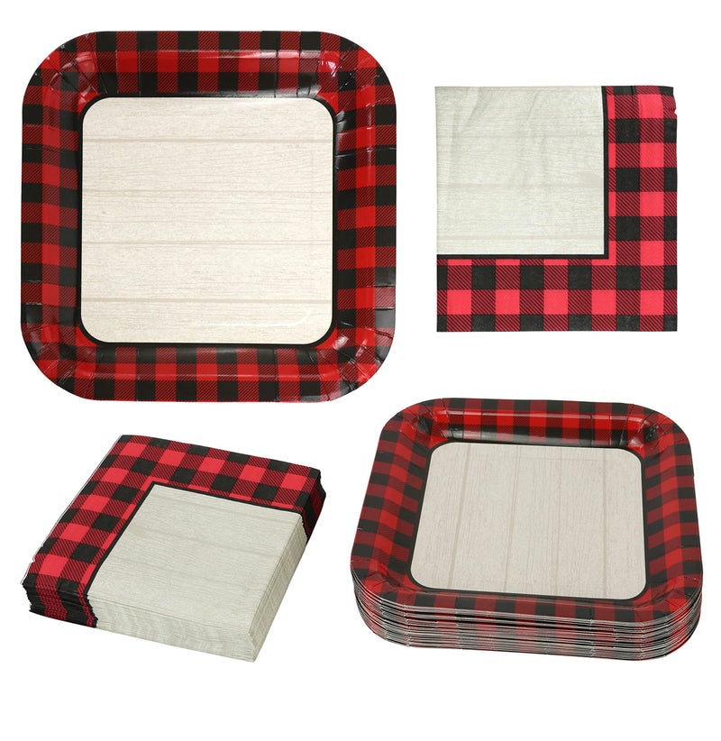 Iconikal 100-Piece Paper Dinner Party Pack, Woodgrain Buffalo Plaid, 40 Plates and 60 Napkins - Image 3